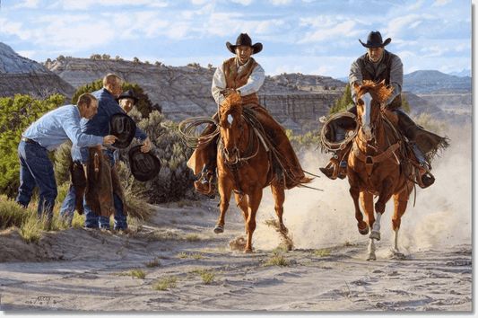 "For Bragging Rights" painting by Tim Cox. Cowboys racing horses with 3 cowboys cheering them on in New Mexico landscape