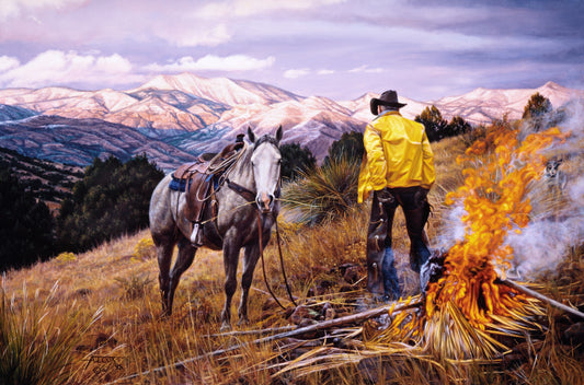 "Bear Grass BTU's" painting by Tim Cox Cowboy campfire grey horse Mountains 