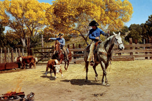 "Branding The Remnants" Painting By Tim Cox Cowboy on Grey horse roping hereford calf with cowboy healing in  corral fall  colored leaves