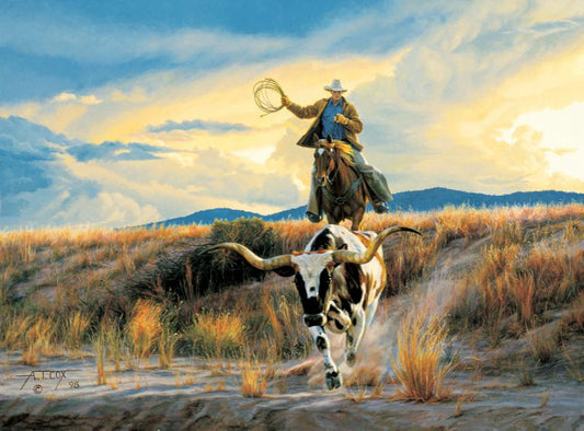 "Bringing Home the Ranch Pet" painting by Tim Cox featuring cowboy on sorrel horse with rope herding longhorn cow down a short ravine 