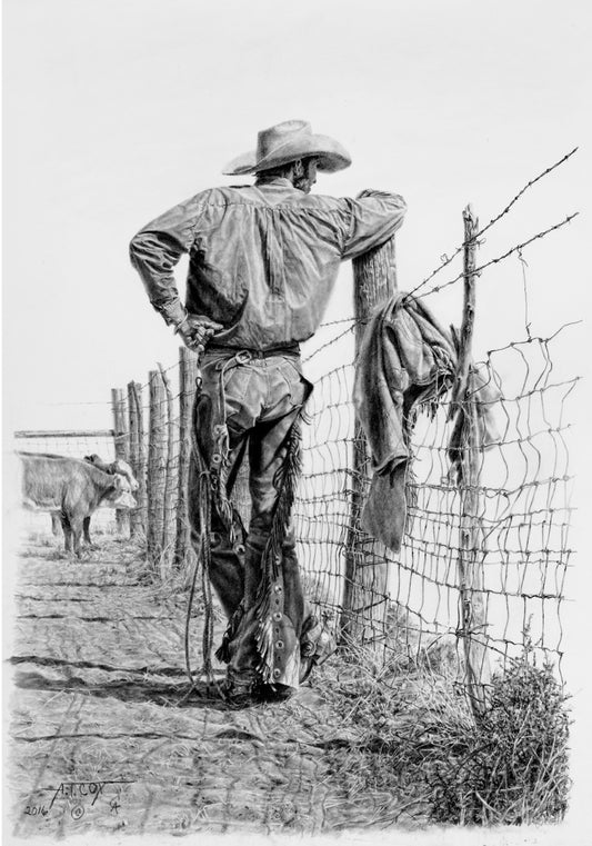 "Distant Thoughts" pencil drawing by Tim Cox. Cowboy looking into the distance leaning on fence post with 2 calves standing down the fence. 