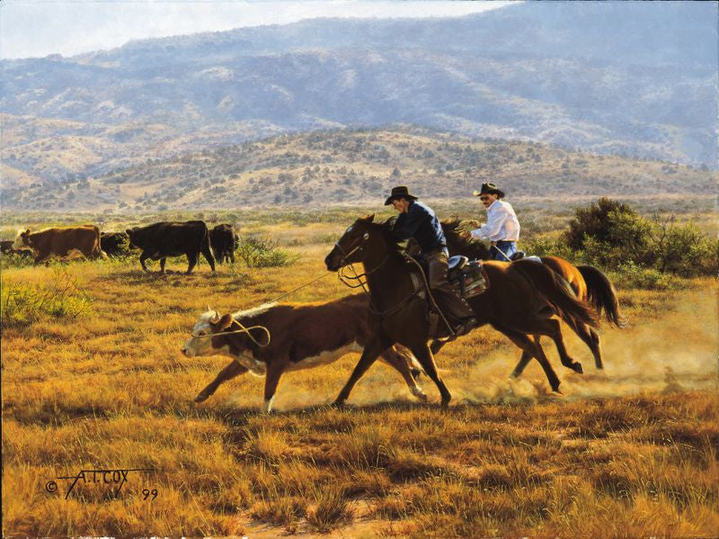 "Cardoza Cowboys" painted by Tim Cox cowboys roping cow out in pasture with mountains and cows in the background