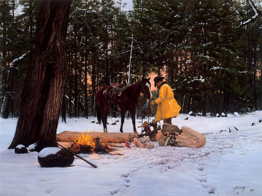 "Cold December Morning" painting by Tim Cox. Cowboy with horse by campfire with a camp in the snow surrounded by trees