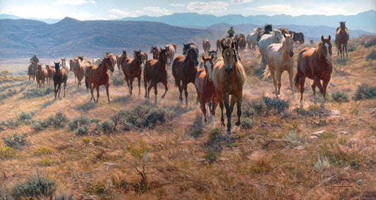 "Cow Horse Country" painting by Tim Cox large herd of running horses with mountains in the background. 