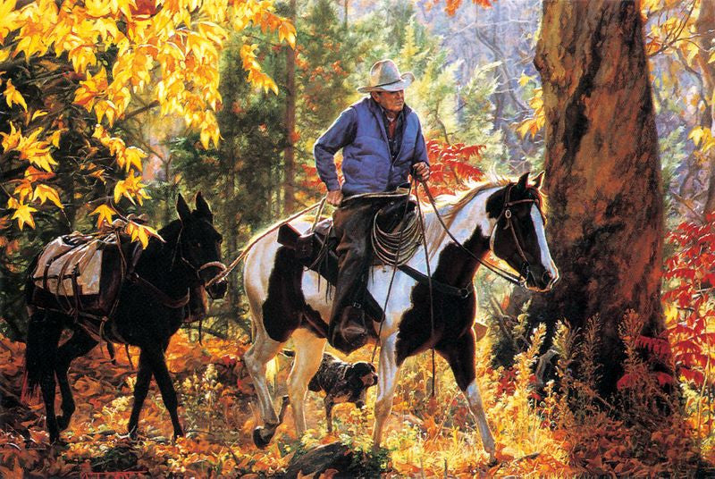 Cowboy Kaleidoscope painting by Tim Cox Cowboy riding paint horse leading pack mule through fall forest 