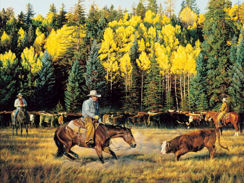 "Cowhorse Boogie" painting by Tim Cox cowboy riding cutting horse cutting cow with cattle herd being held in background  in meadow surrounded by gold aspen and spruce trees