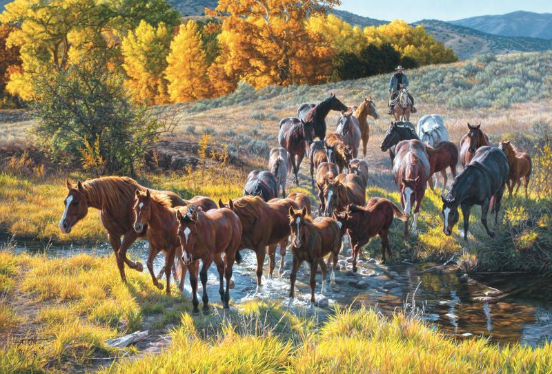 Crossing the Creek Painting by Tim Cox of Horse herd walking through creek with cowboy herding fall colors, mountains and sage brush surround them