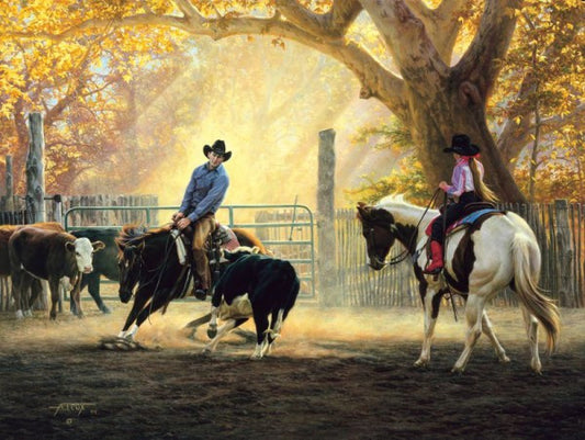 Dad's Helper painting by Tim Cox cowboy on cutting horse with young cowgirl on paint horse in corral  with light shining through fall sycamore trees and onlooking cattle herd
