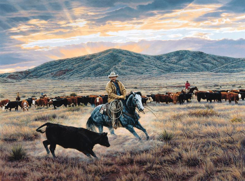 "Dance Of the Blue Cayuse" painting by Tim Cox of cowboy riding grey cutting horse with cowherd sitting in the background with mountains and sunlight streaming up through clouds.