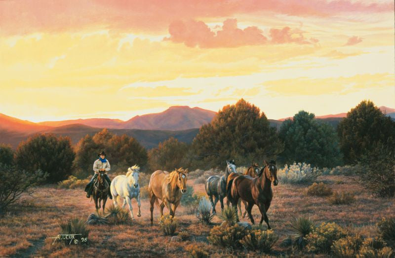 "Evening Glow" painting by Tim Cox of cowboy herding five horses with a beautiful pink and yellow sunset light up the background sky. 