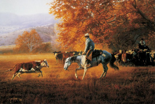 "Face to Face" painting by Tim Cox. Cowboy riding grey cutting horse cutting hereford cow from the cattle herd surrounded by autumn leaves