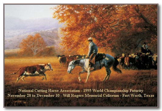 "Face to Face" painting by Tim Cox. Cowboy riding grey cutting horse cutting hereford cow from the cattle herd surrounded by autumn leaves. Poster of the 1995 world championship cutting horse futurity.