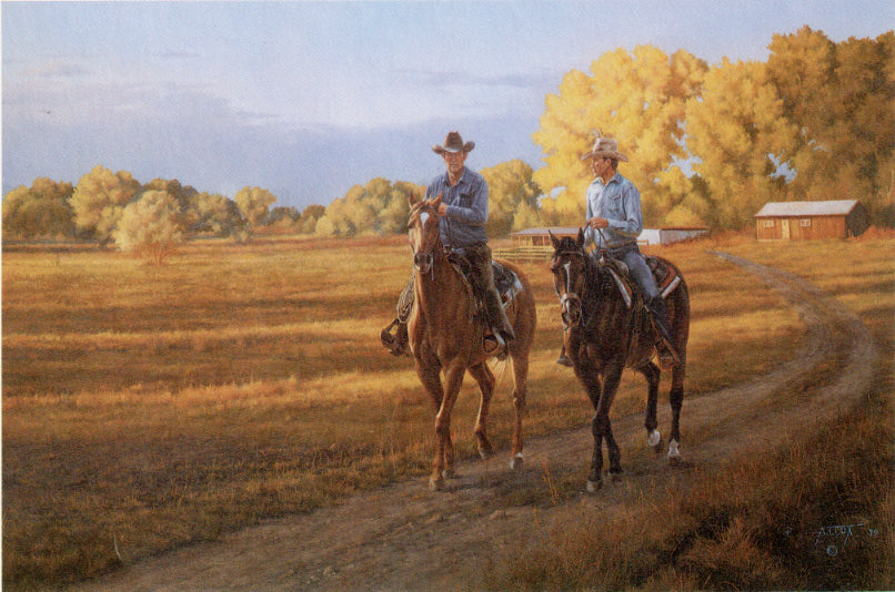 "Fall Along The Animas" painting by Tim Cox cowboys riding horses down dirt road with barn and fall trees in the background