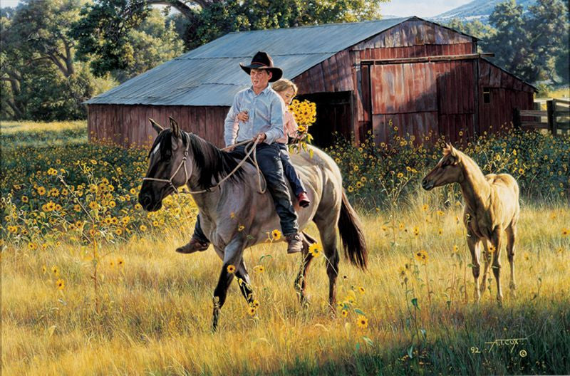 "Flowers For Mom" painting by Tim Cox young cowboy and cowgirl riding grill horse bareback as foal follows, walking through sunflowers while little carry carry's sunflower bouquet with red barn and trees  in the background