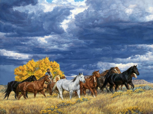 Gathering Storm painting by Tim Cox cowboy herds horse herd with storm clouds behind and a golden autumn tree