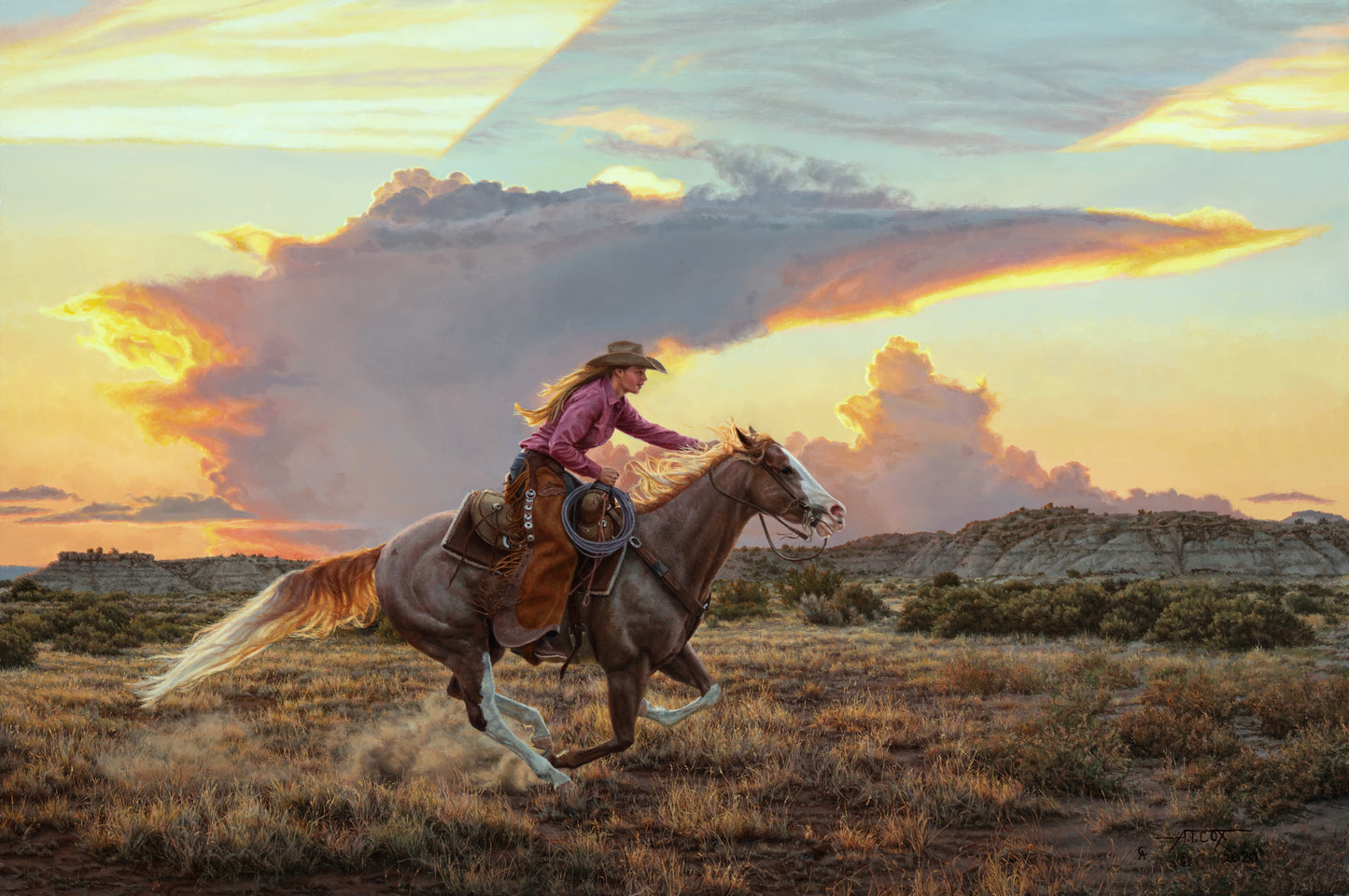 "Glorious Freedom" painting by Tim Cox of cowgirl riding roan horse running with sunset lit clouds
