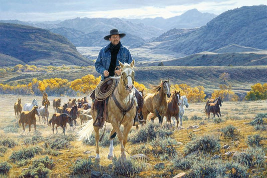 "Good Horses Wide Open Spaces" painting by Tim Cox of cowboy riding palomino hors with herd behind him. Background has fall trees in the river bottom and mountains in the distance