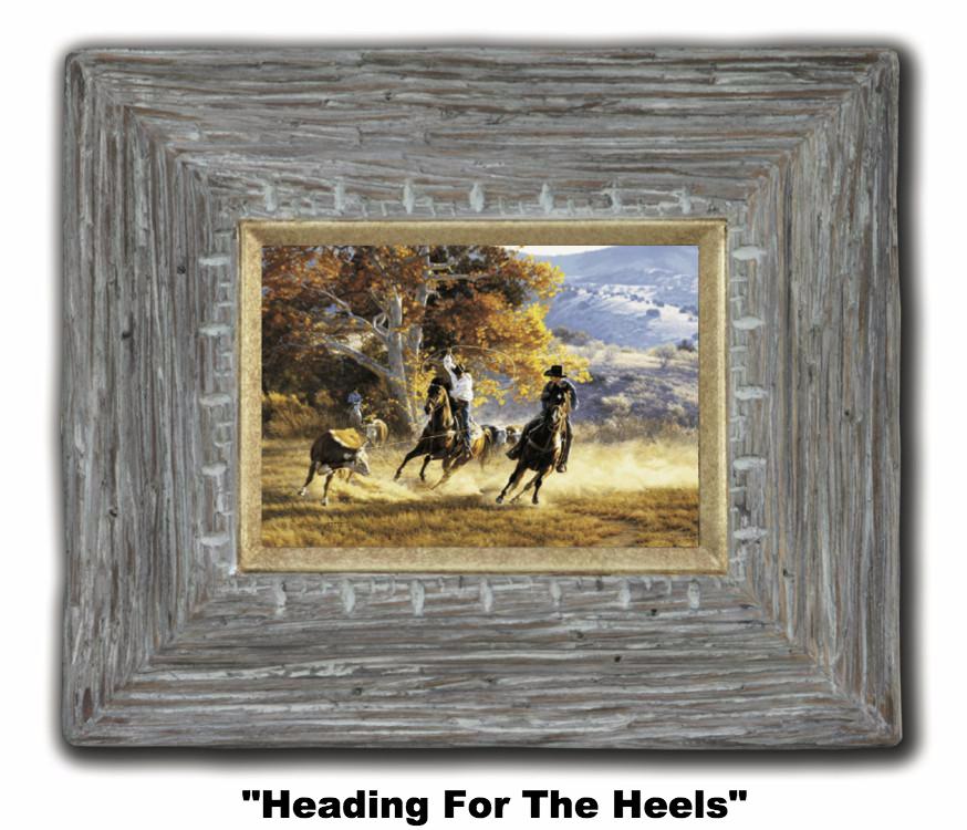 Heading for the Heels small painting of cowboys roping 