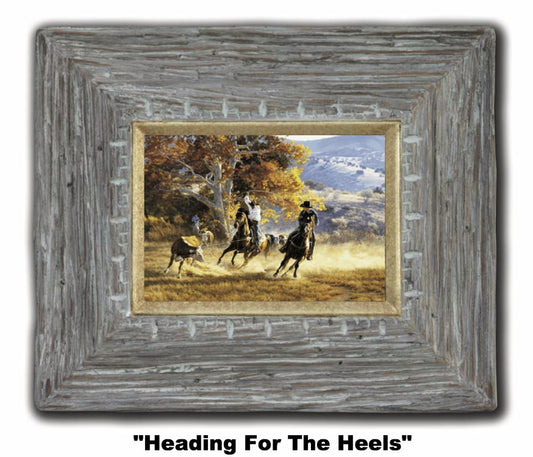 Heading for the Heels small painting of cowboys roping 