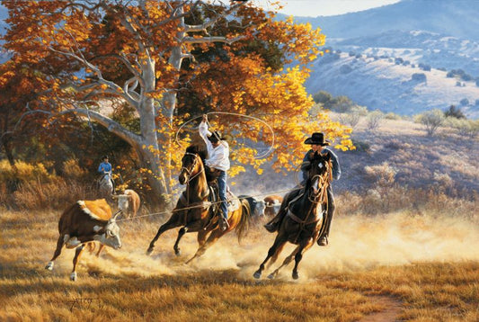 "Heading For The Heels" painting by Tim Cox header roped the cow and heeler is going for the heels as cowboy sits under autumn tree with herd