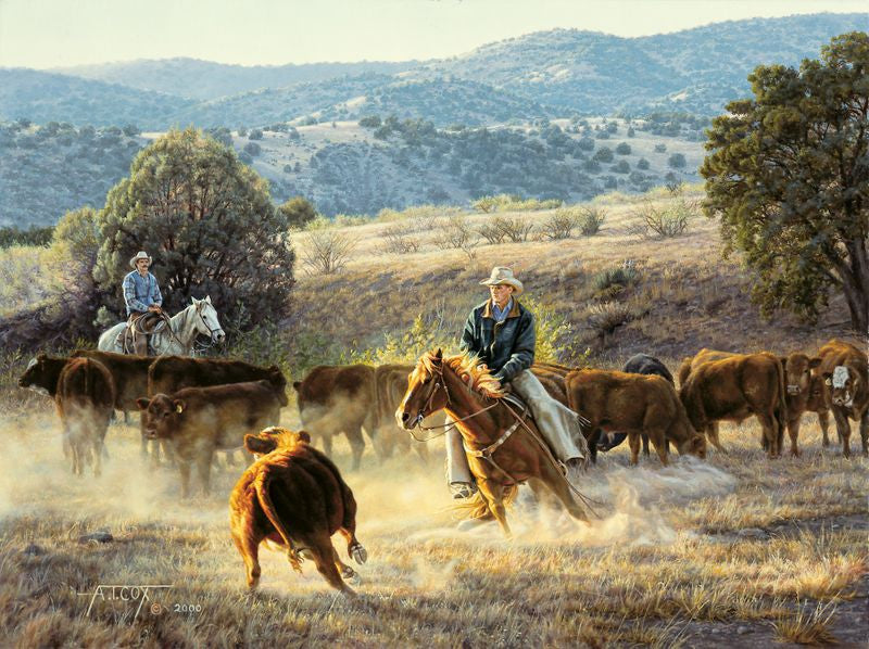 "The Final Cut" painting by Tim Cox cowboy riding sorrel cutting horse with cattle, cowboy and mountains in background