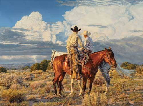 "Cloud Watchers" painting by Tim Cox two cowboys on a bay horse and grey horse watching oncoming storm as lightning strikes and heavy clouds move in